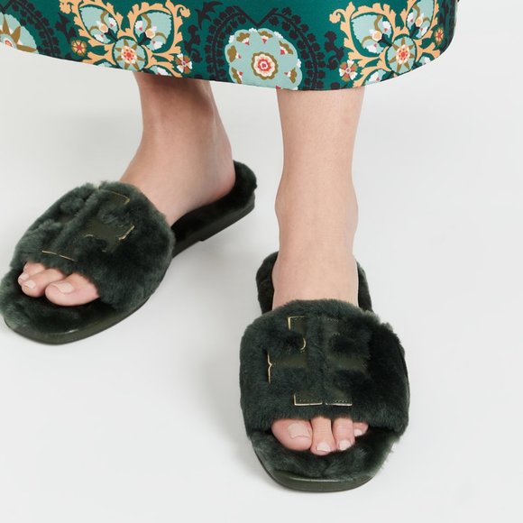 NIB Tory Burch Double T Shearling Slide Sandal GRAY HERON 6.5 7 7.5 8 AUTHENTIC - Picture 5 of 16